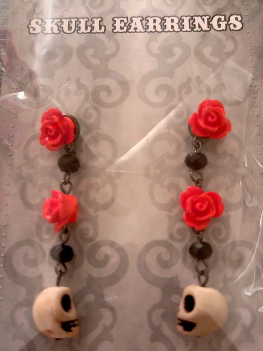 Spirit Red Rose and Skull Dangle Earrings